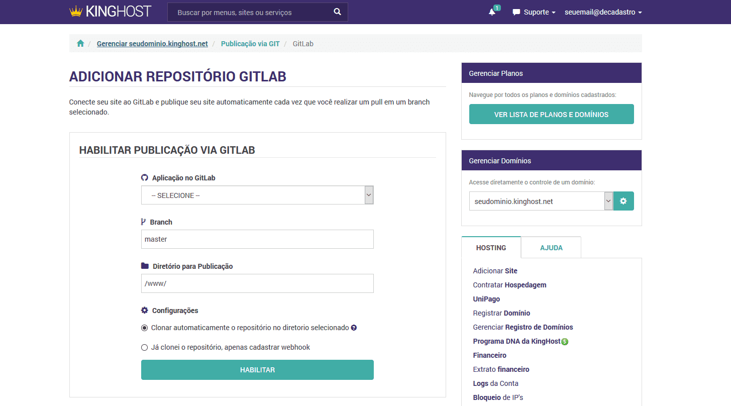 GitLab na KingHost - Integrando ao Painel de Controle