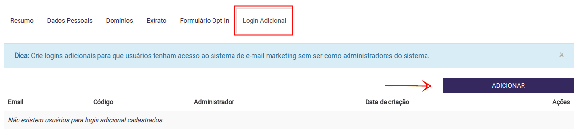 logins adicionais no Email Marketing